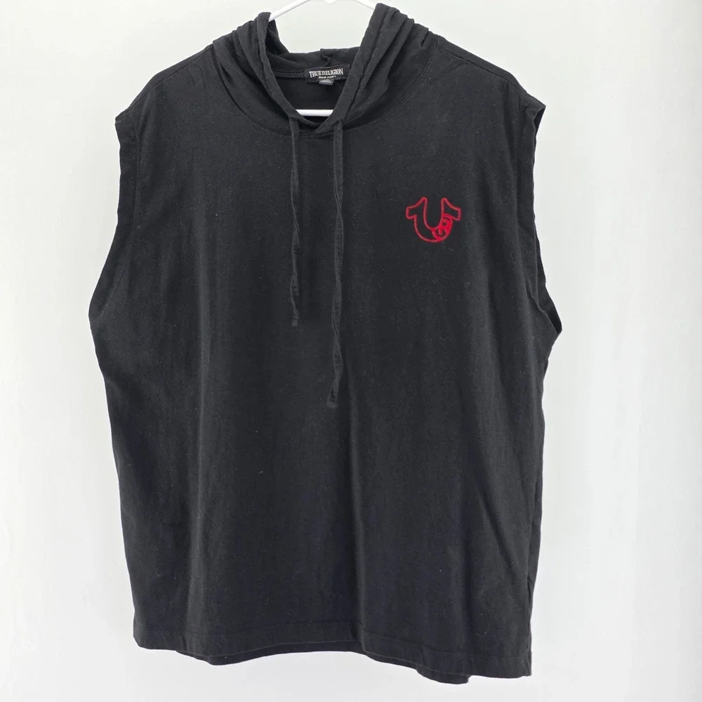 True Religion Sleeveless Hoodie Mens Large Black Graphic‎ Buddha Horseshoe Logo